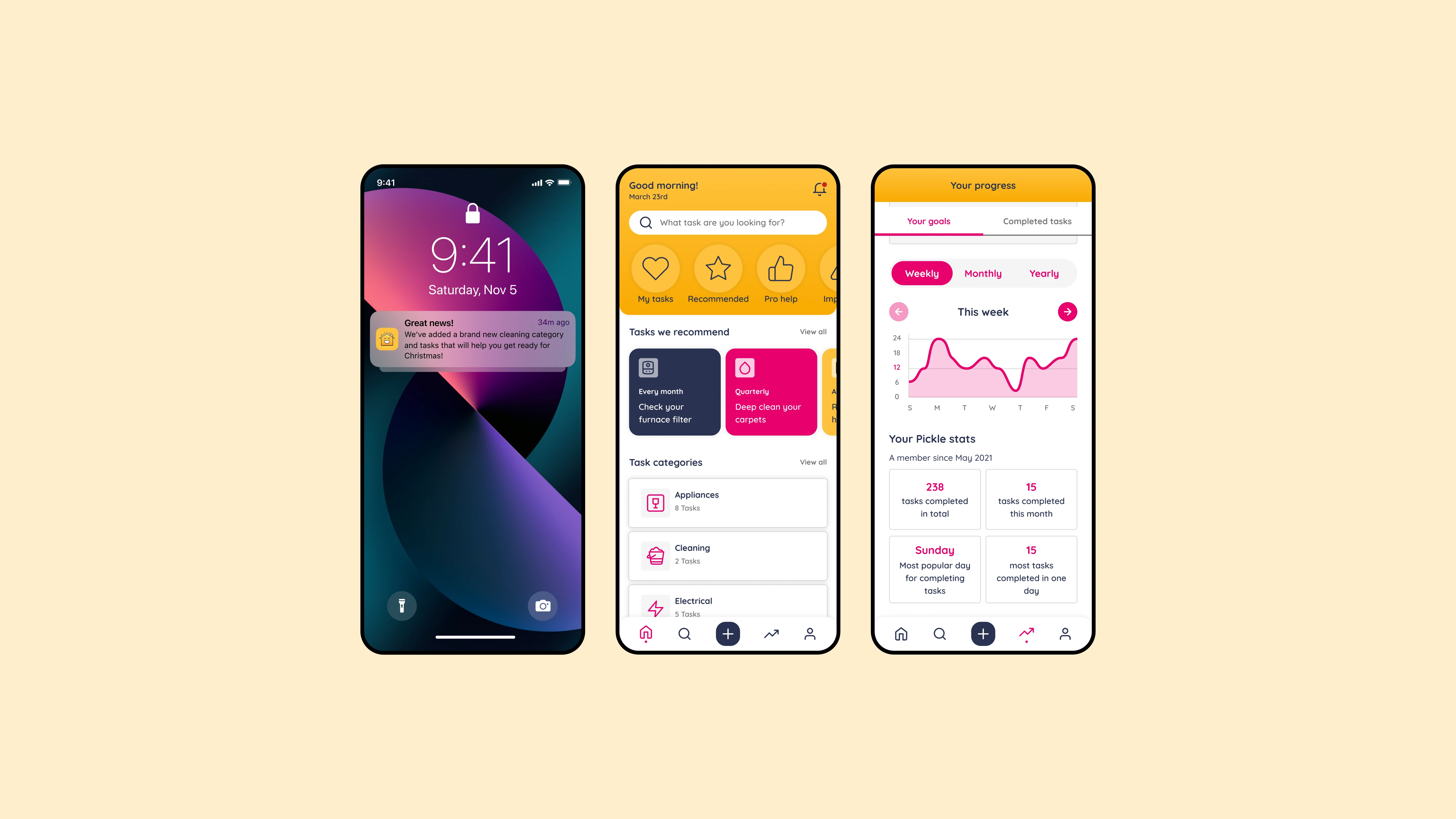 Pickle — final app screens showing home dashboard and task completion flow